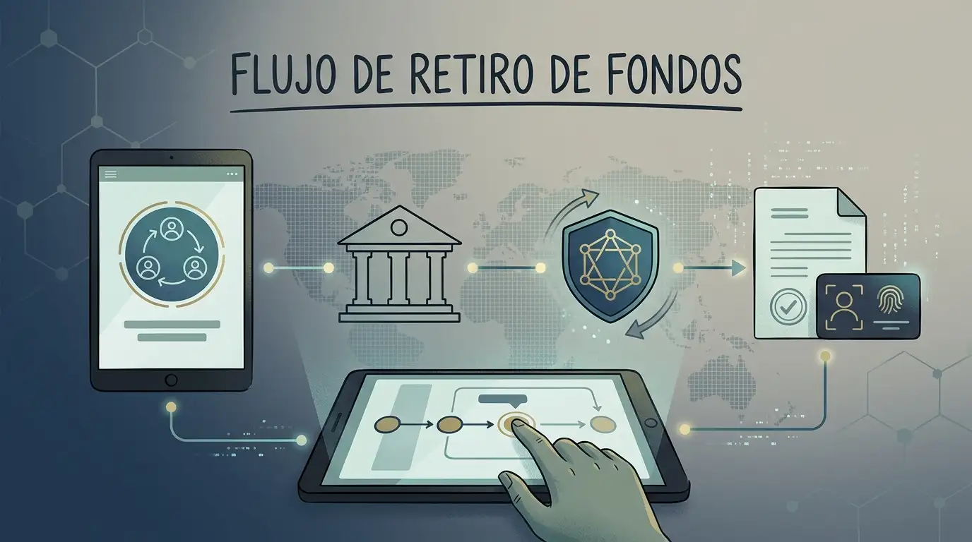 Ilustración editorial de una retirada digital con transferencia bancaria, activo digital y verificación de identidad sin marcas ni cantidades