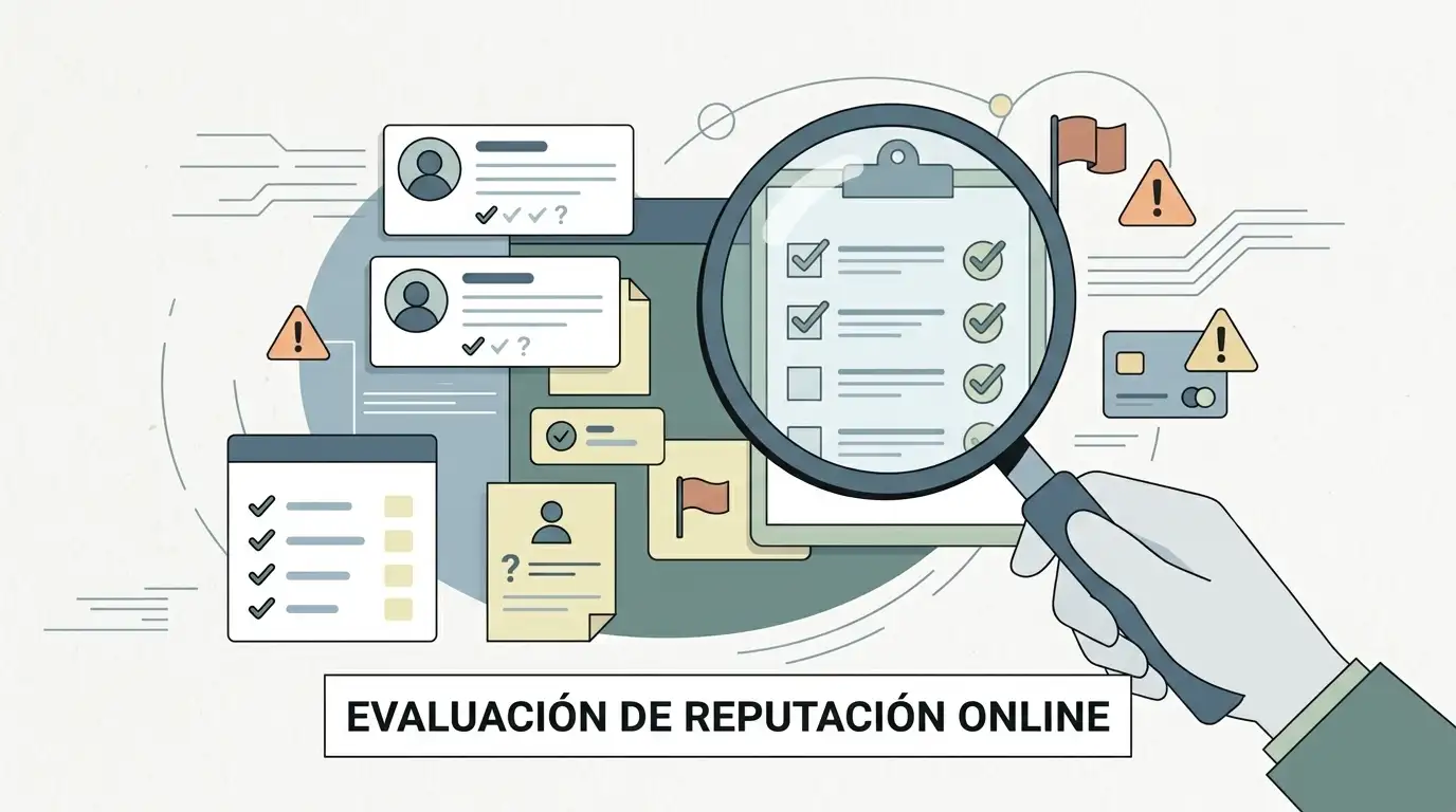 Ilustración editorial de evaluación de reputación con lupa, tarjetas de reseñas abstractas y señales de verificación sin logotipos ni texto