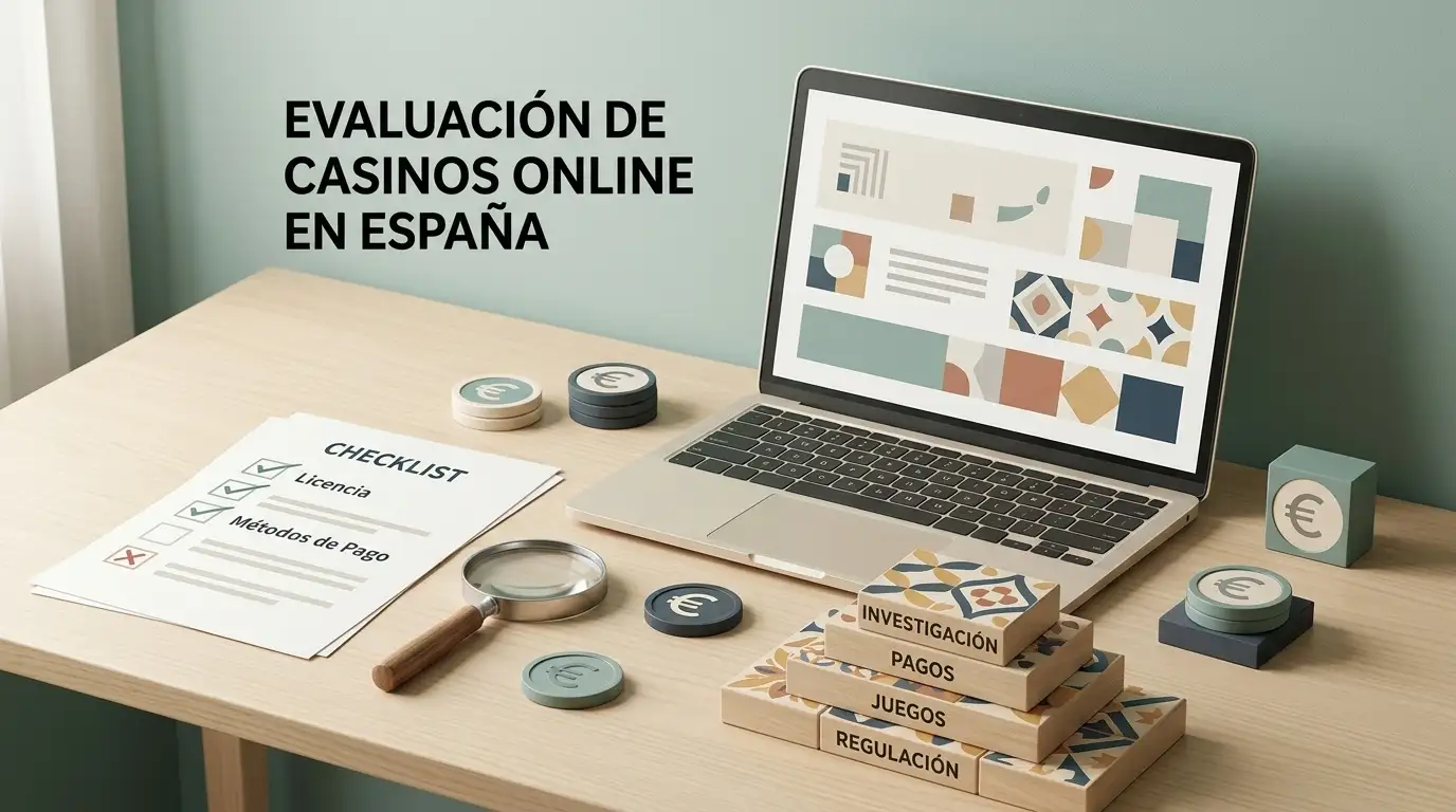 Ilustración editorial sobre la evaluación de un casino online desde España
